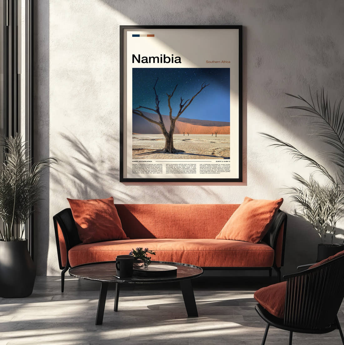 Namibia Dead Desert Tree Travel Print framed on the wall of a modern living room