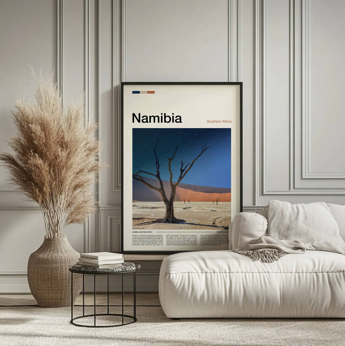Namibia Dead Desert Tree Travel Print framed on the wall of a calm, neutral bedroom