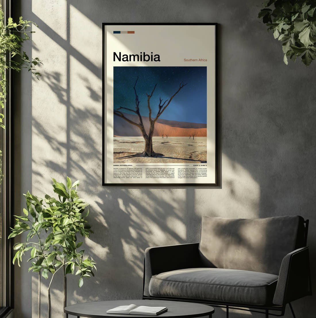 Namibia Dead Desert Tree Travel Print framed on the wall of a relaxed living room