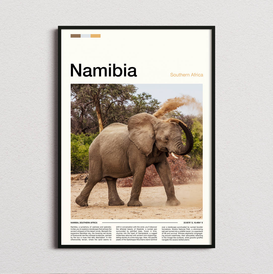 Namibia Elephant Dusting Itself Travel Print framed and photographed straight on