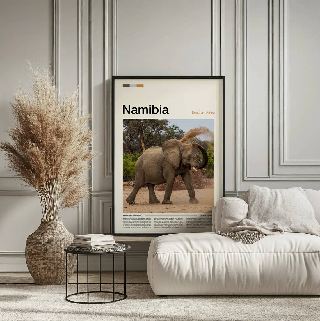 Namibia Elephant Dusting Itself Travel Print framed on the wall of a calm, neutral bedroom