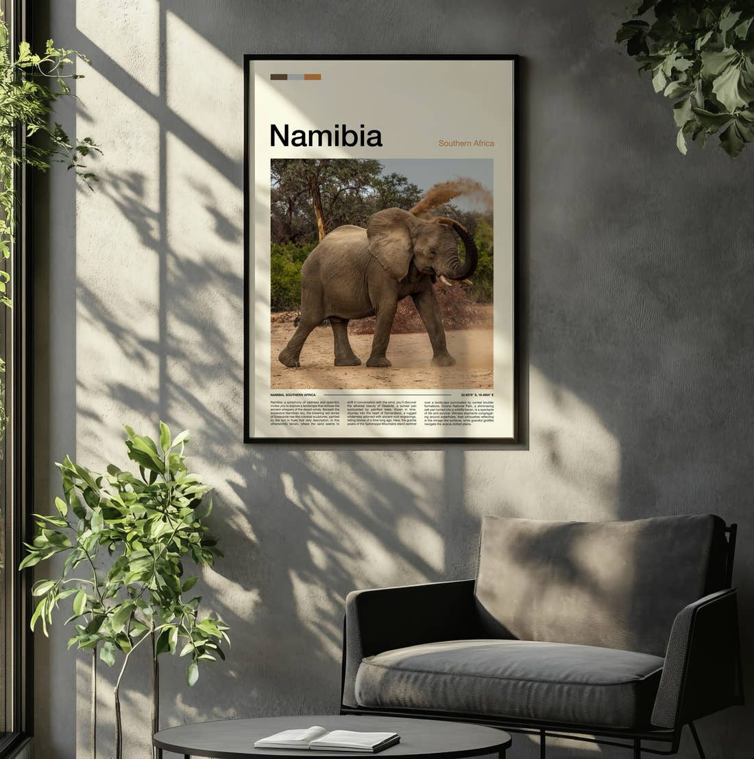 Namibia Elephant Dusting Itself Travel Print framed on the wall of a relaxed living room