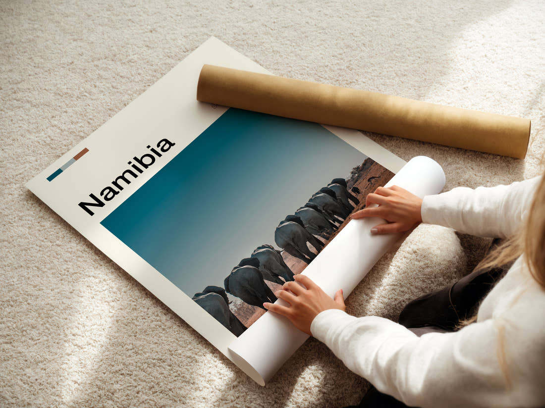 Namibia Herd Of Elephants Travel Print being unrolled from its postal tube