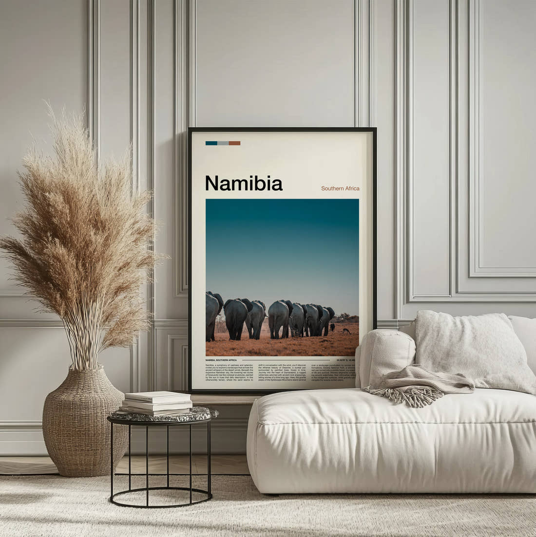 Namibia Herd Of Elephants Travel Print framed on the wall of a calm, neutral bedroom