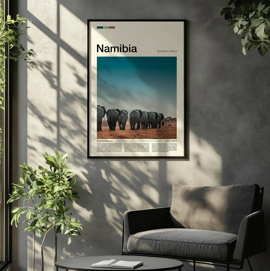 Namibia Herd Of Elephants Travel Print framed on the wall of a relaxed living room