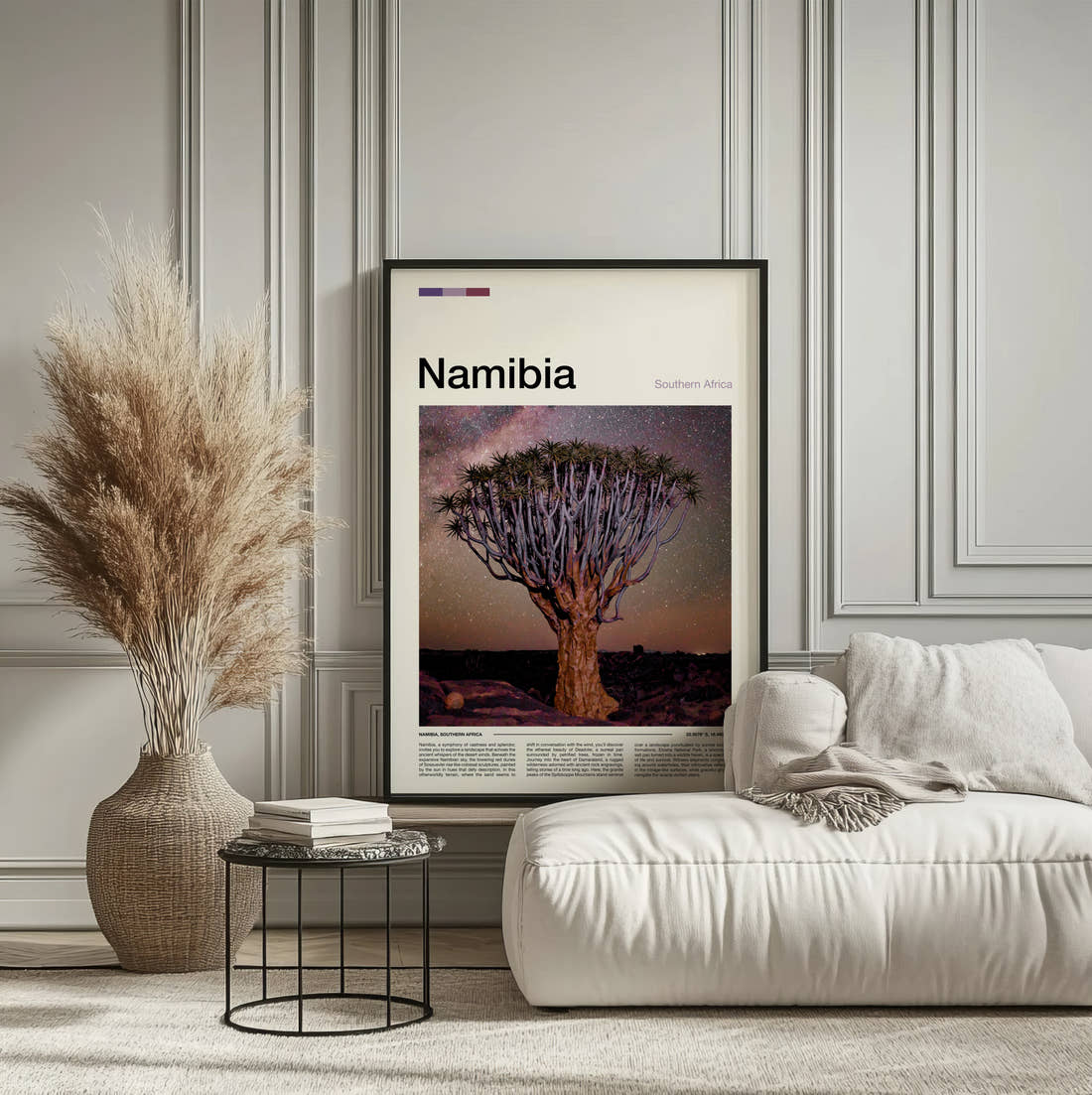 Namibia Quiver Tree At Night Travel Print framed on the wall of a calm, neutral bedroom