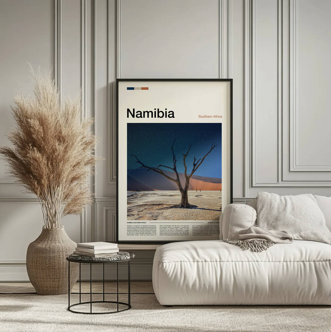 Namibia Dead Tree And Dune Travel Print framed on the wall of a calm, neutral bedroom