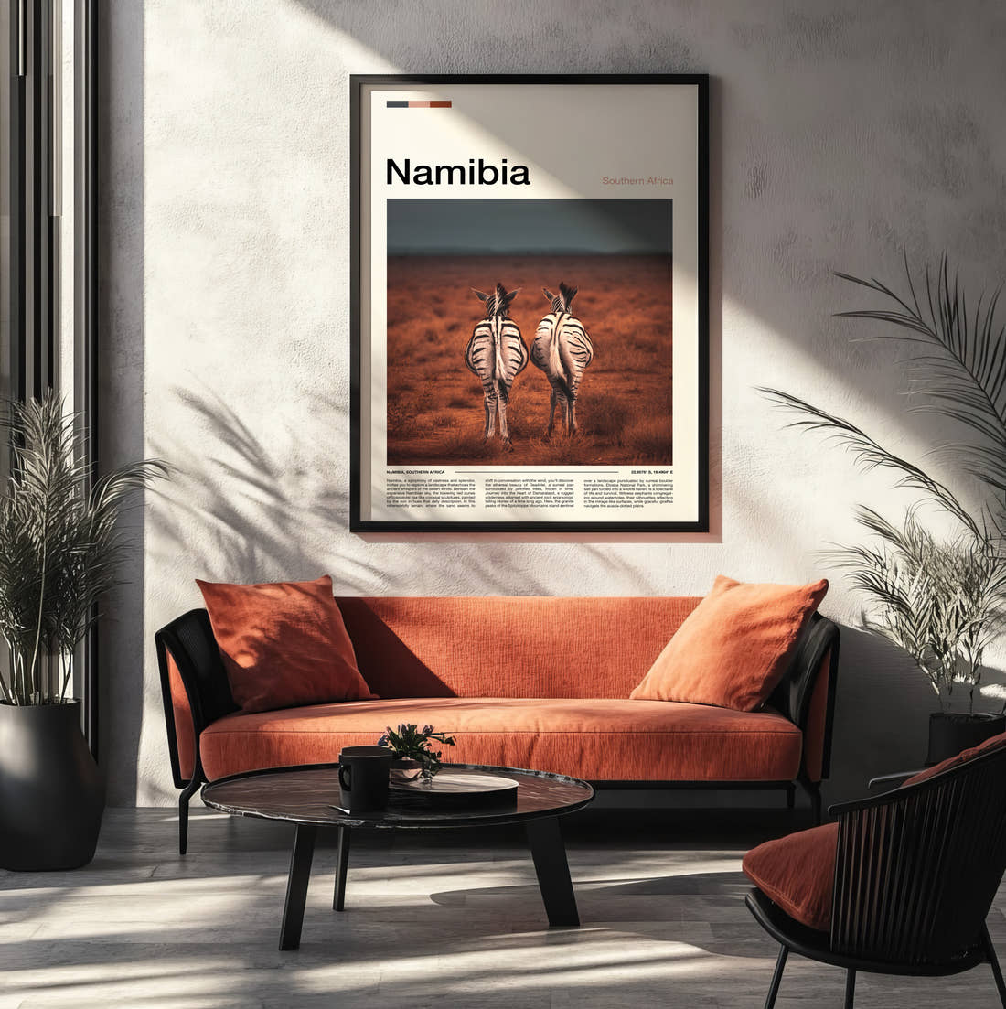 Namibia Two Zebras Travel Print framed on the wall of a modern living room