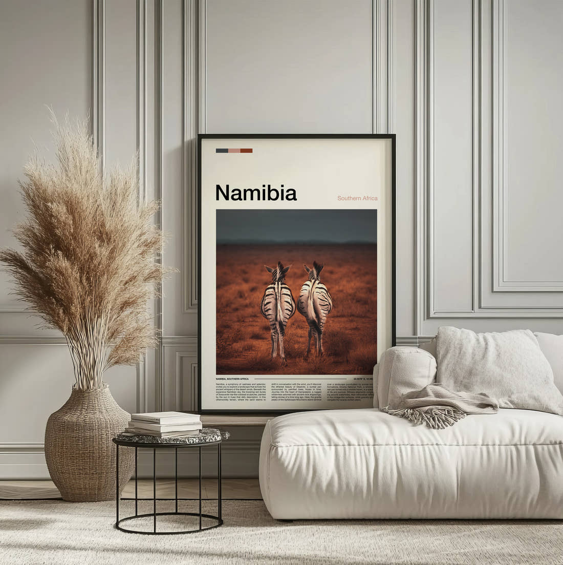 Namibia Two Zebras Travel Print framed on the wall of a calm, neutral bedroom