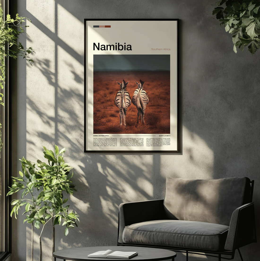 Namibia Two Zebras Travel Print framed on the wall of a relaxed living room