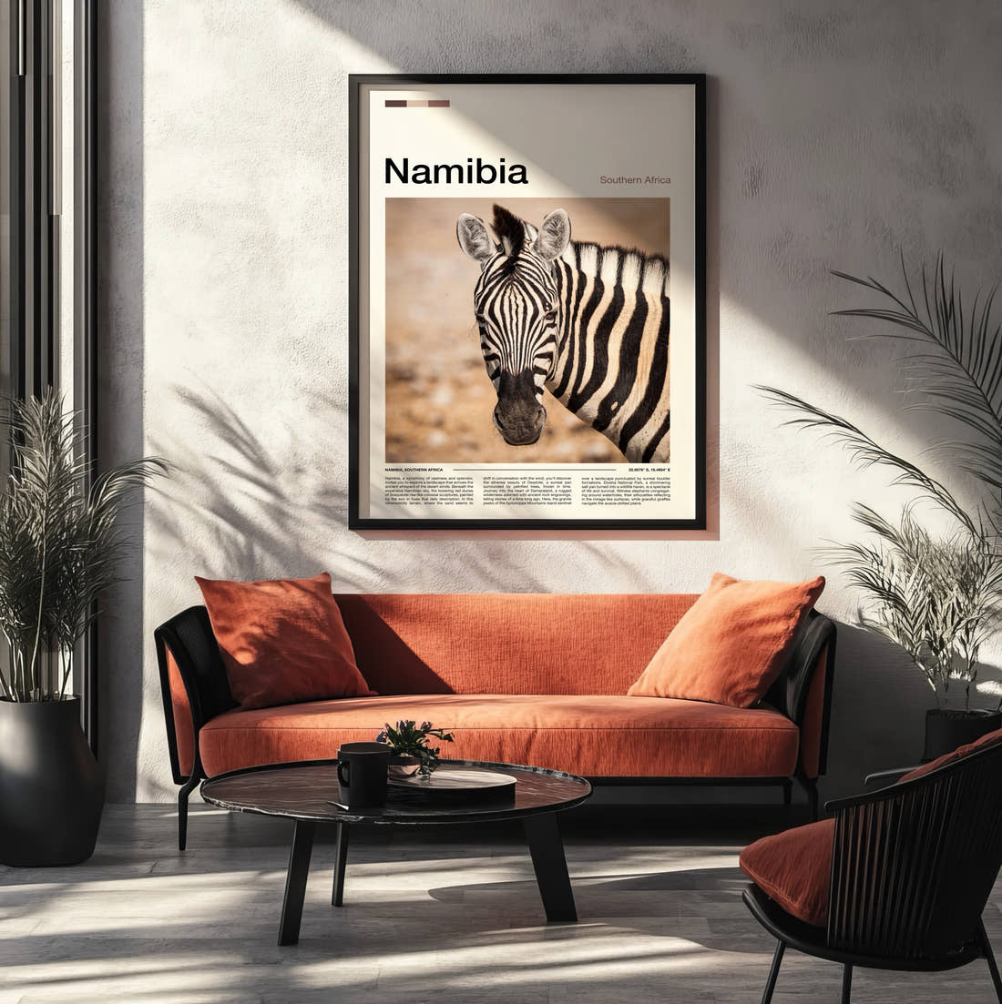 Namibia Zebra Portrait Travel Print framed on the wall of a modern living room