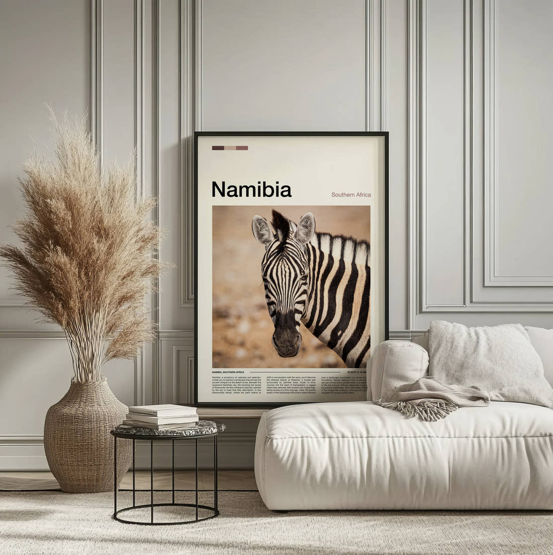 Namibia Zebra Portrait Travel Print framed on the wall of a calm, neutral bedroom