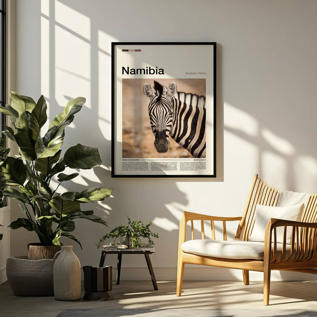 Namibia Zebra Portrait Travel Print framed on a pale wall beside houseplants