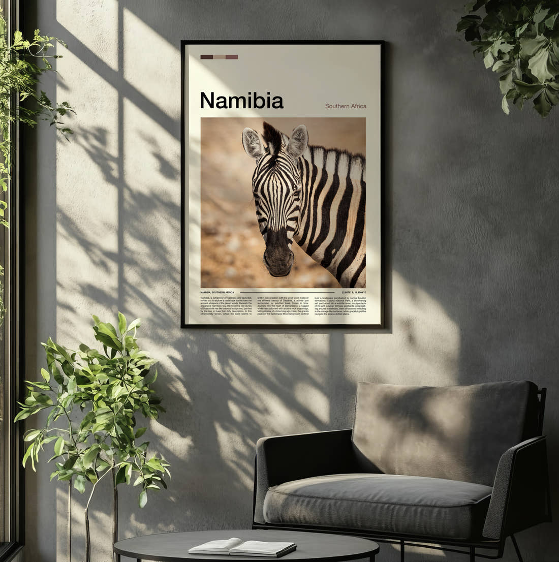 Namibia Zebra Portrait Travel Print framed on the wall of a relaxed living room