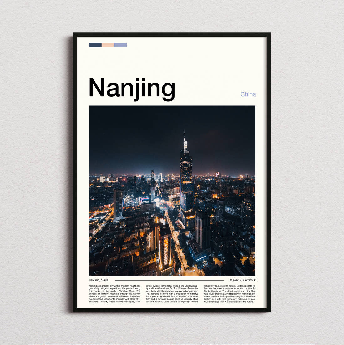 Nanjing Night Cityscape Travel Print framed and photographed straight on
