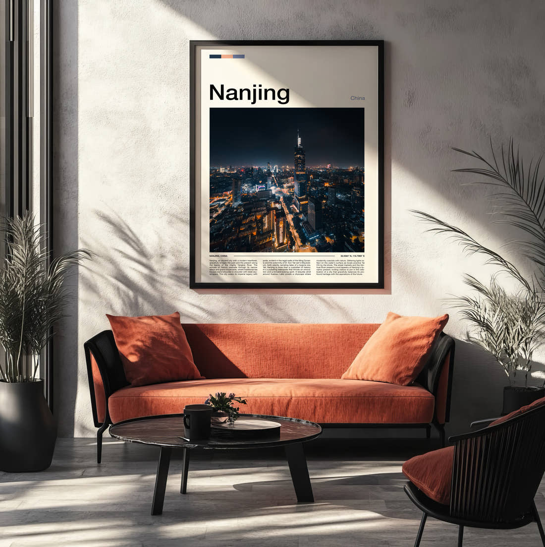 Nanjing Night Cityscape Travel Print framed on the wall of a modern living room