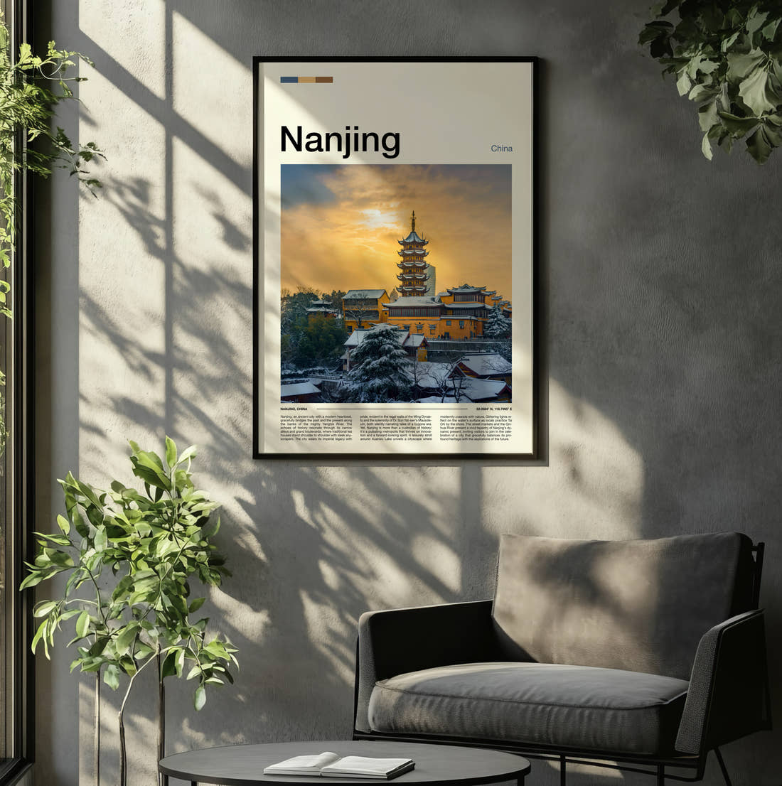 Nanjing Pagoda In Snow Travel Print framed on the wall of a relaxed living room