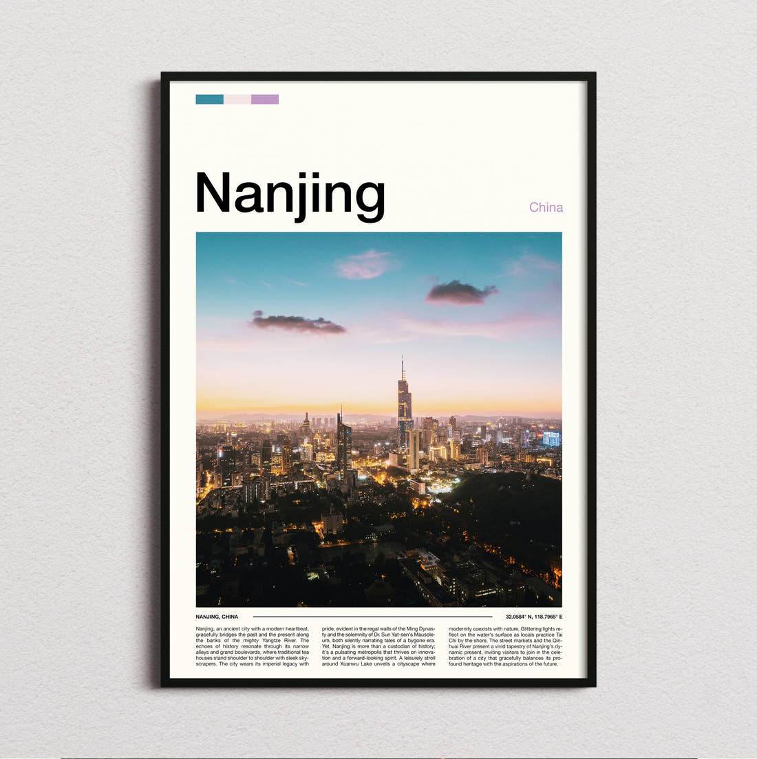 Nanjing Skyline At Sunset Travel Print framed and photographed straight on