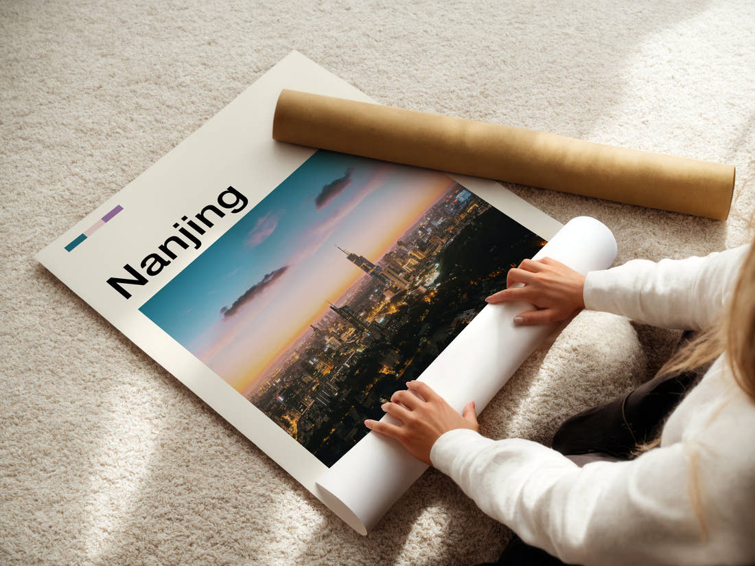 Nanjing Skyline At Sunset Travel Print being unrolled from its postal tube