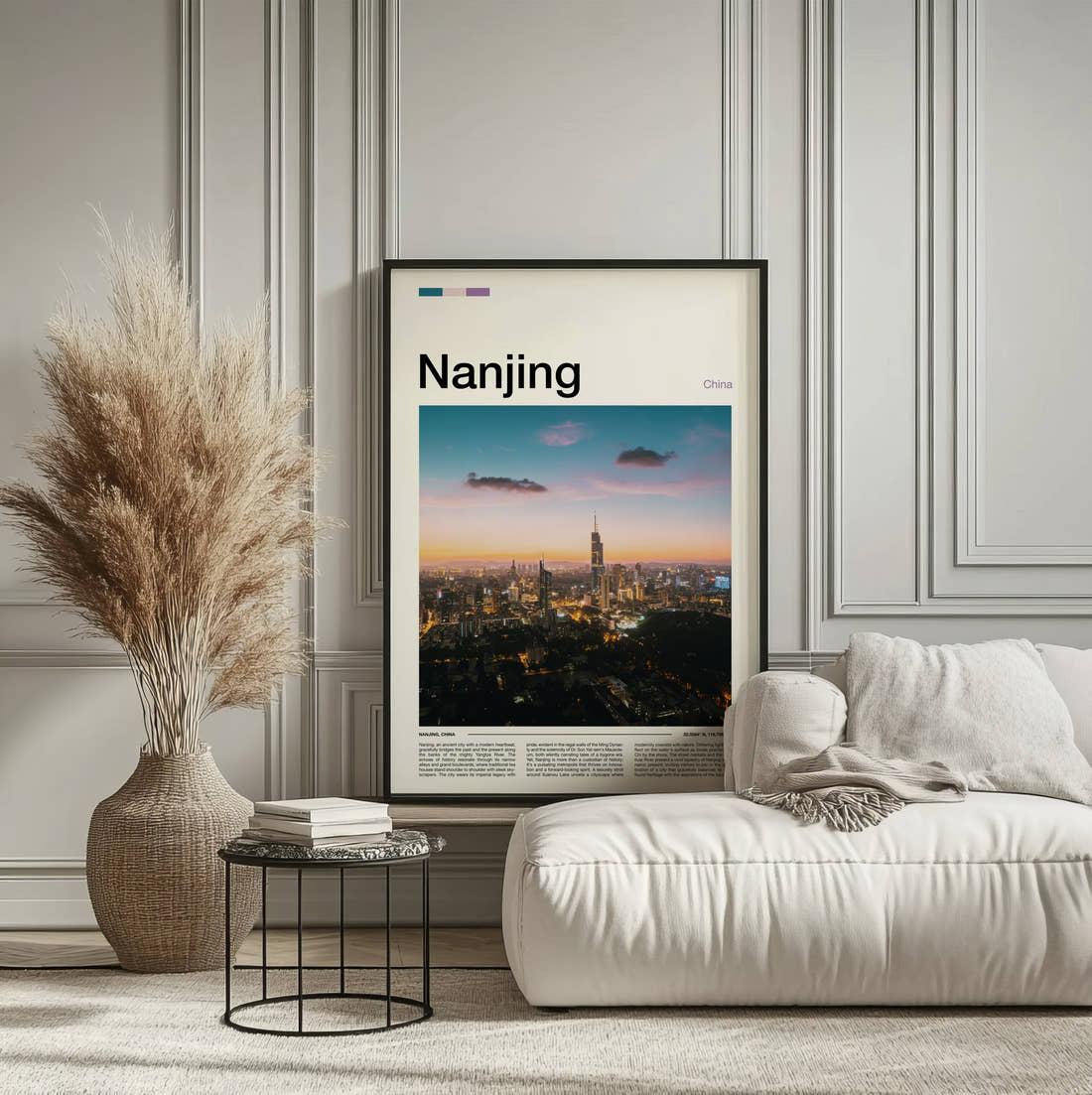 Nanjing Skyline At Sunset Travel Print framed on the wall of a calm, neutral bedroom