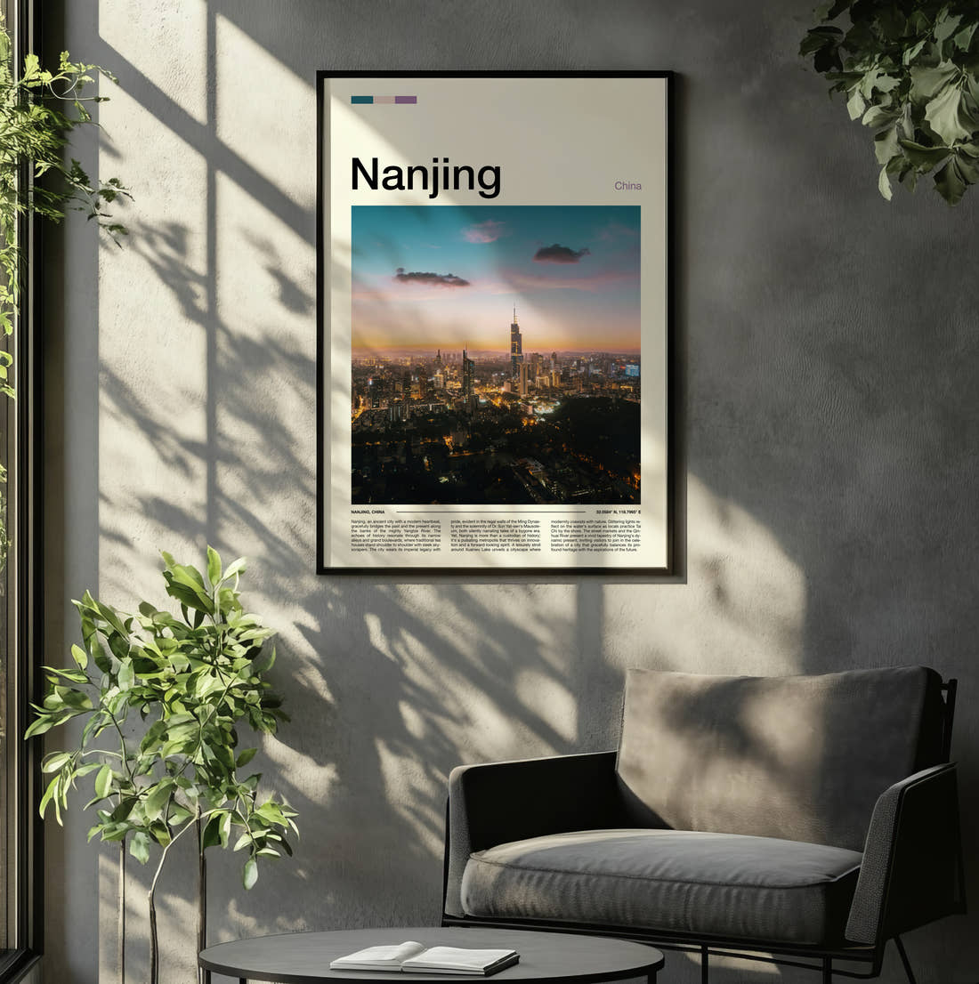 Nanjing Skyline At Sunset Travel Print framed on the wall of a relaxed living room
