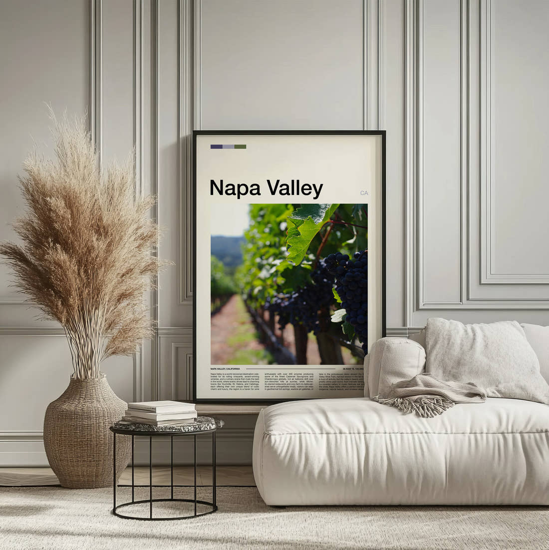 Napa Valley Grapes On The Vine Travel Print framed on the wall of a calm, neutral bedroom