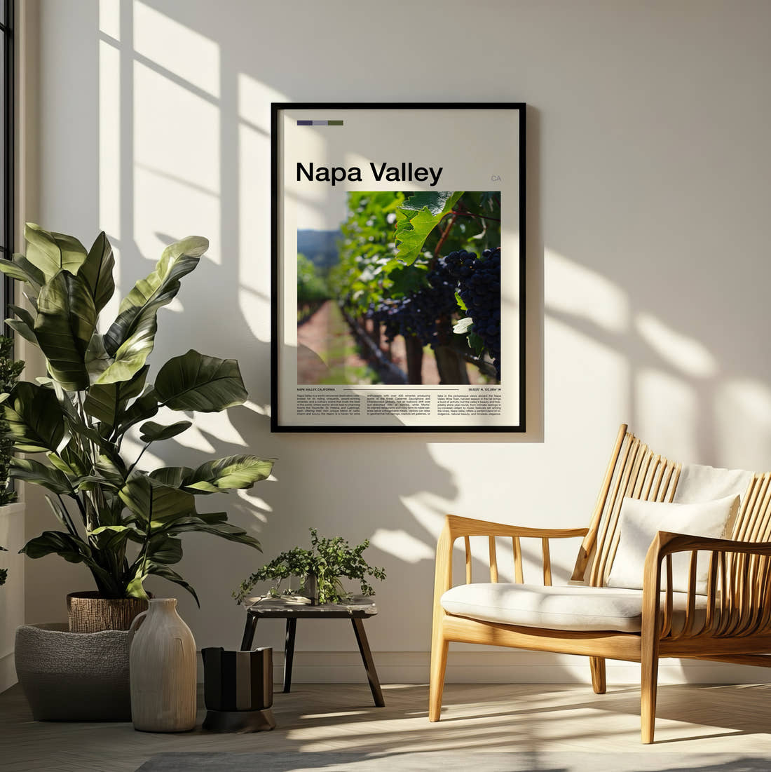 Napa Valley Grapes On The Vine Travel Print framed on a pale wall beside houseplants