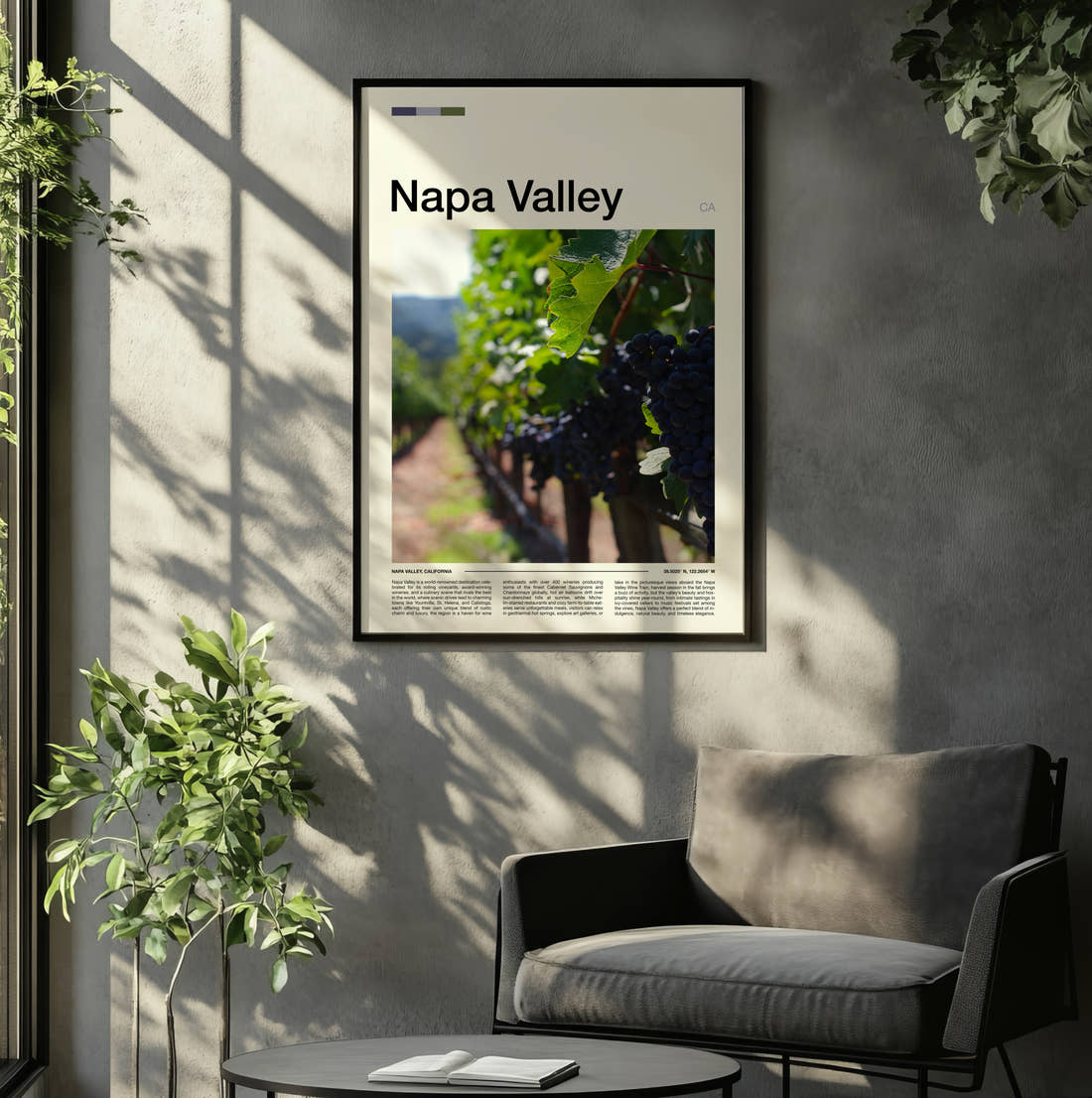 Napa Valley Grapes On The Vine Travel Print framed on the wall of a relaxed living room