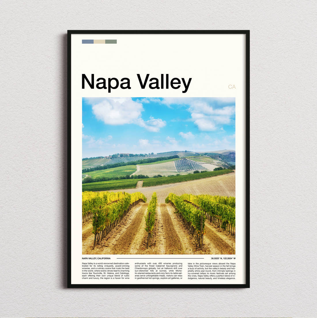Napa Valley Vineyard Rows Travel Print framed and photographed straight on