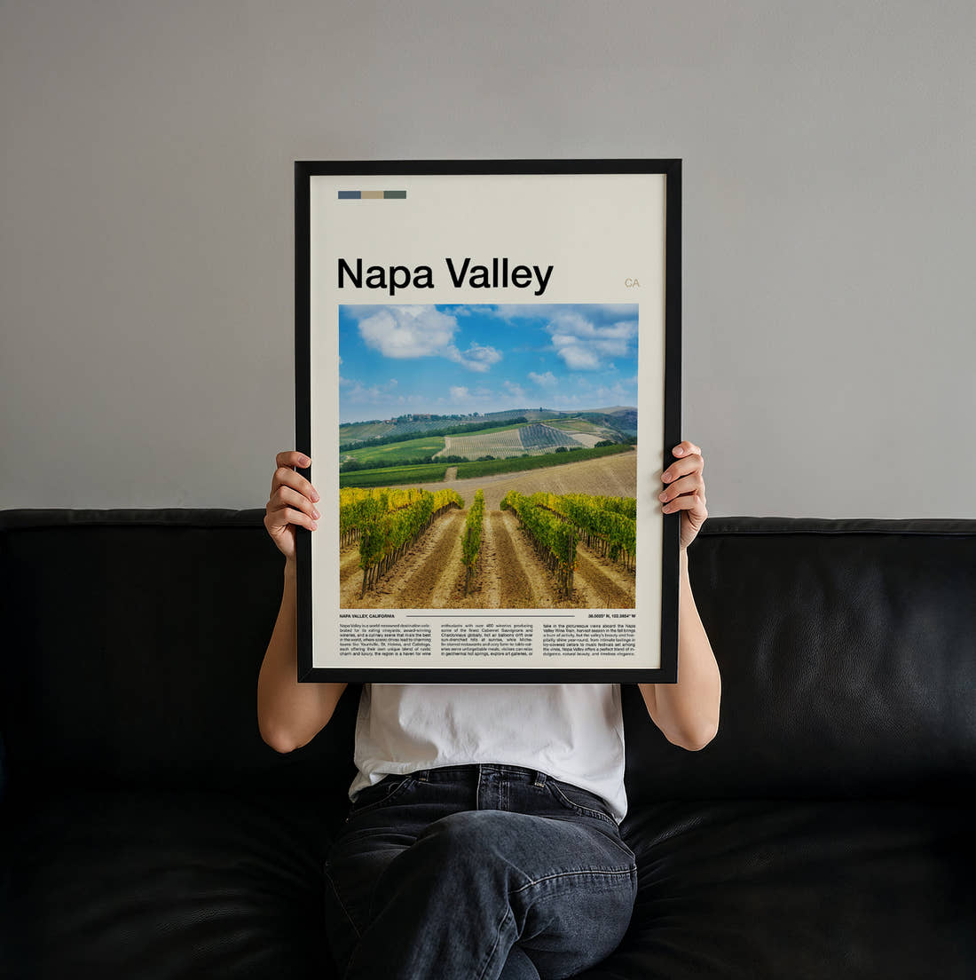 Napa Valley Vineyard Rows Travel Print held up by hand to show the size of the print