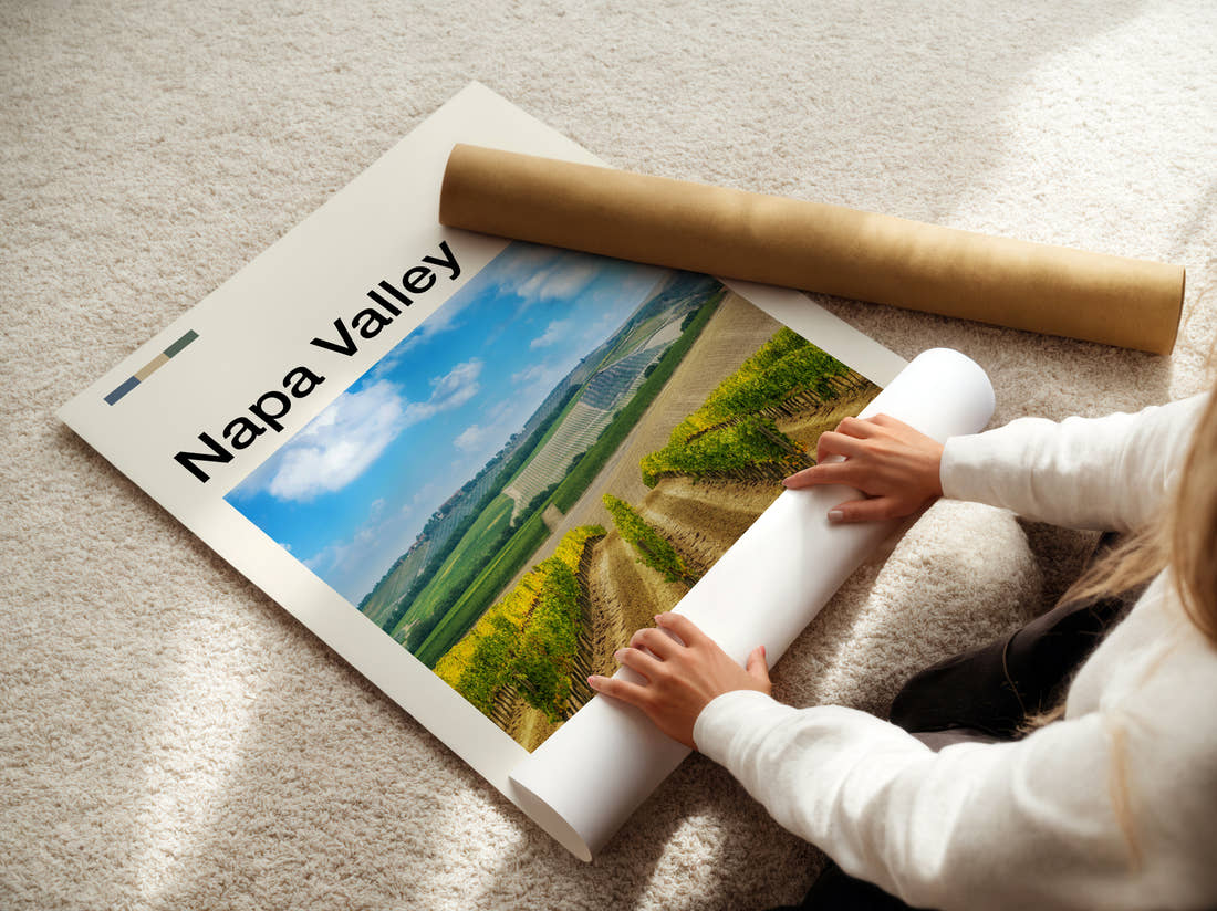 Napa Valley Vineyard Rows Travel Print being unrolled from its postal tube