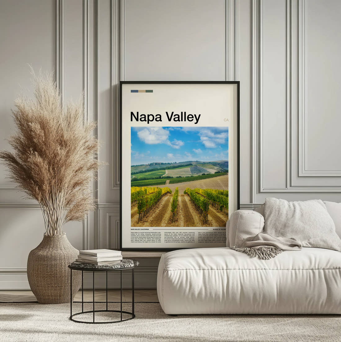 Napa Valley Vineyard Rows Travel Print framed on the wall of a calm, neutral bedroom