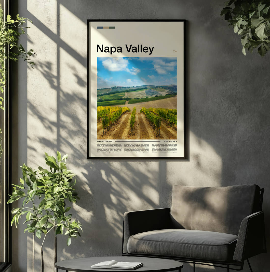 Napa Valley Vineyard Rows Travel Print framed on the wall of a relaxed living room