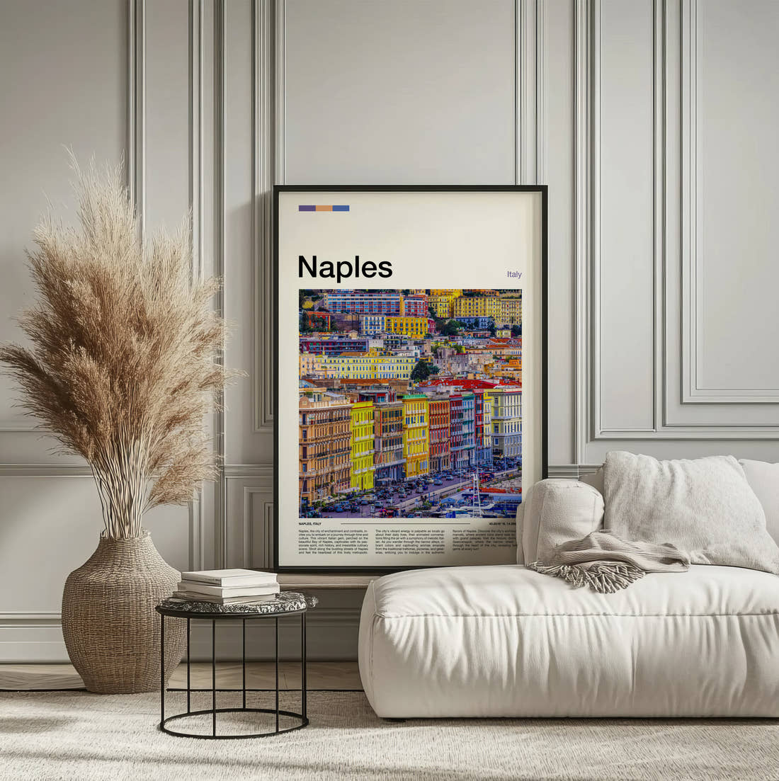 Naples Colourful Buildings Travel Print framed on the wall of a calm, neutral bedroom