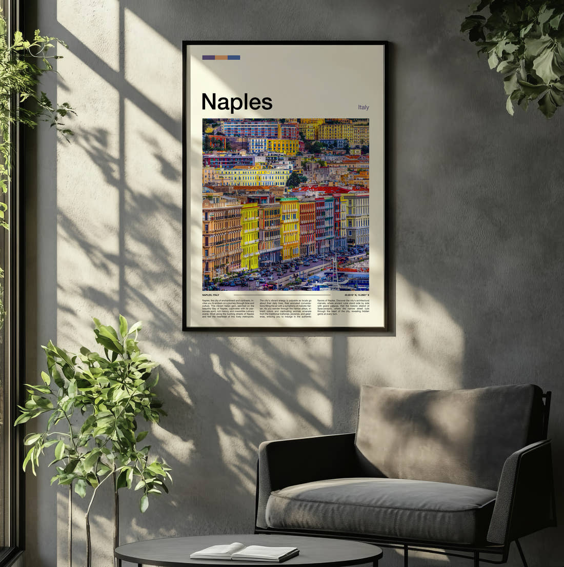 Naples Colourful Buildings Travel Print framed on the wall of a relaxed living room