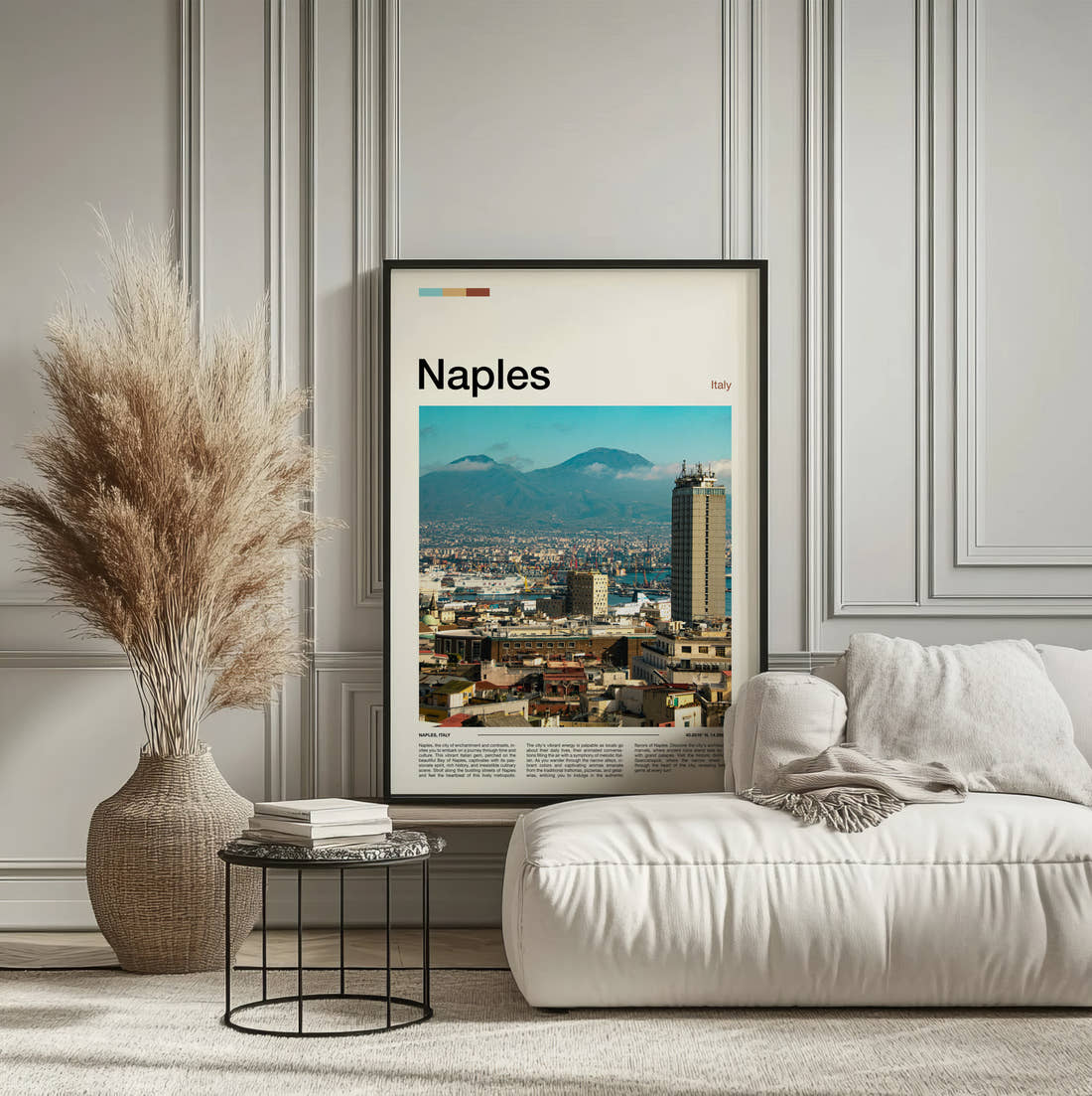 Naples Mount Vesuvius Travel Print framed on the wall of a calm, neutral bedroom