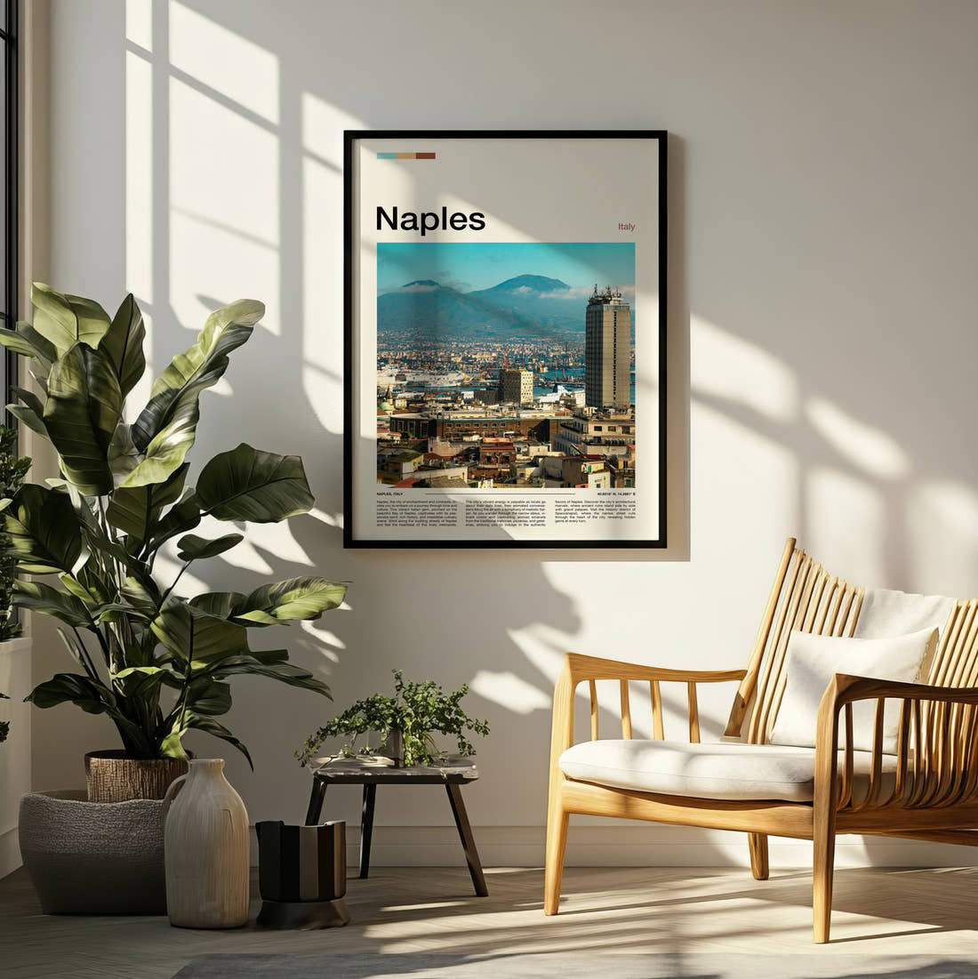 Naples Mount Vesuvius Travel Print framed on a pale wall beside houseplants