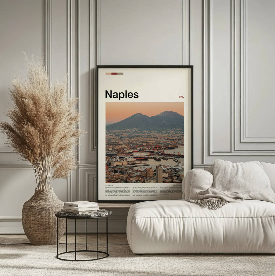 Naples Mount Vesuvius At Sunset Travel Print framed on the wall of a calm, neutral bedroom