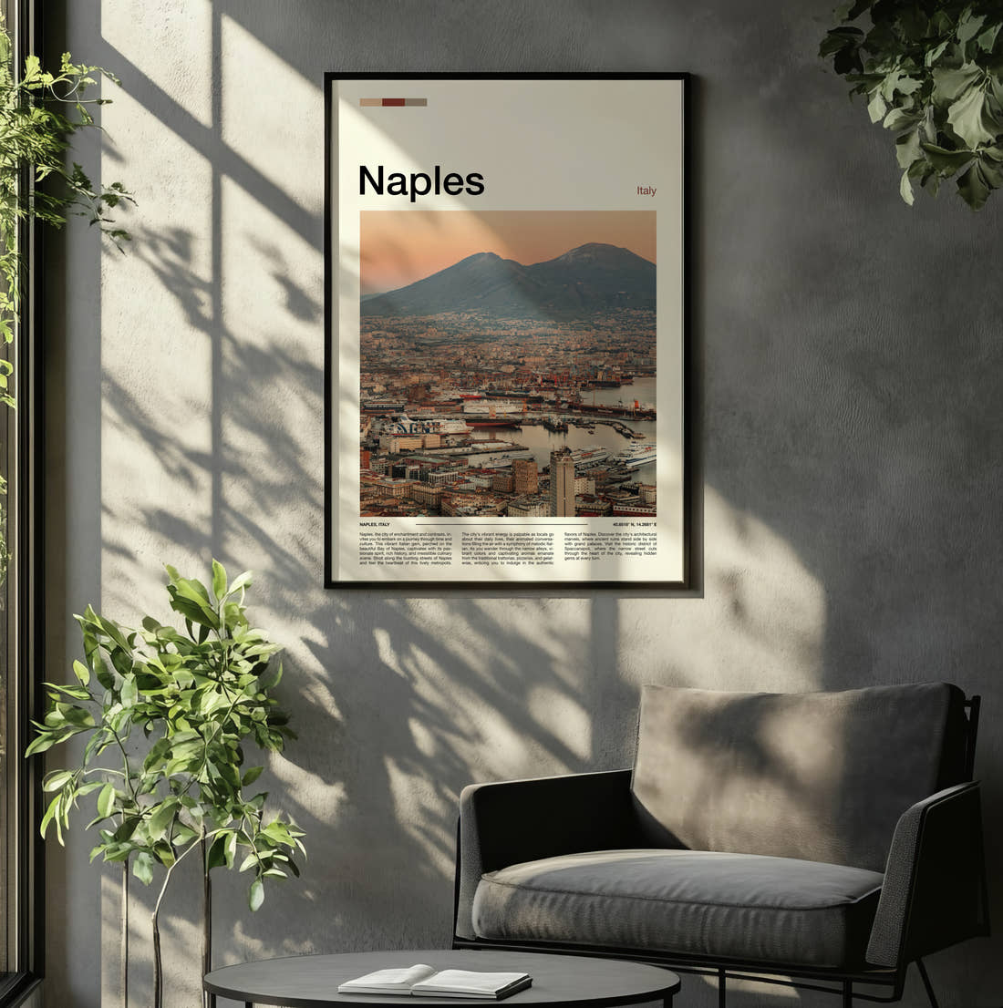 Naples Mount Vesuvius At Sunset Travel Print framed on the wall of a relaxed living room