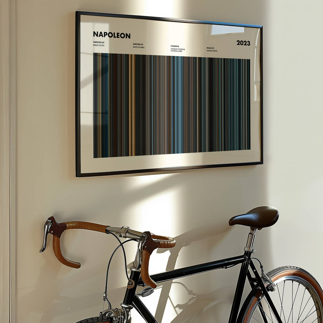 Napoleon Movie Barcode Poster framed on the wall of a styled room setting
