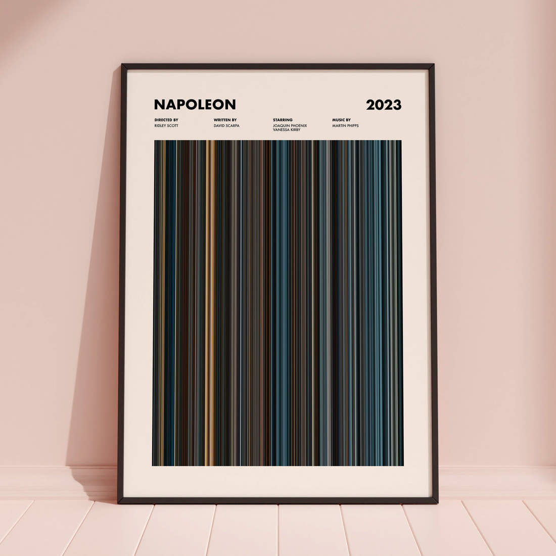 Napoleon Movie Barcode Poster framed and leaning against a coloured wall