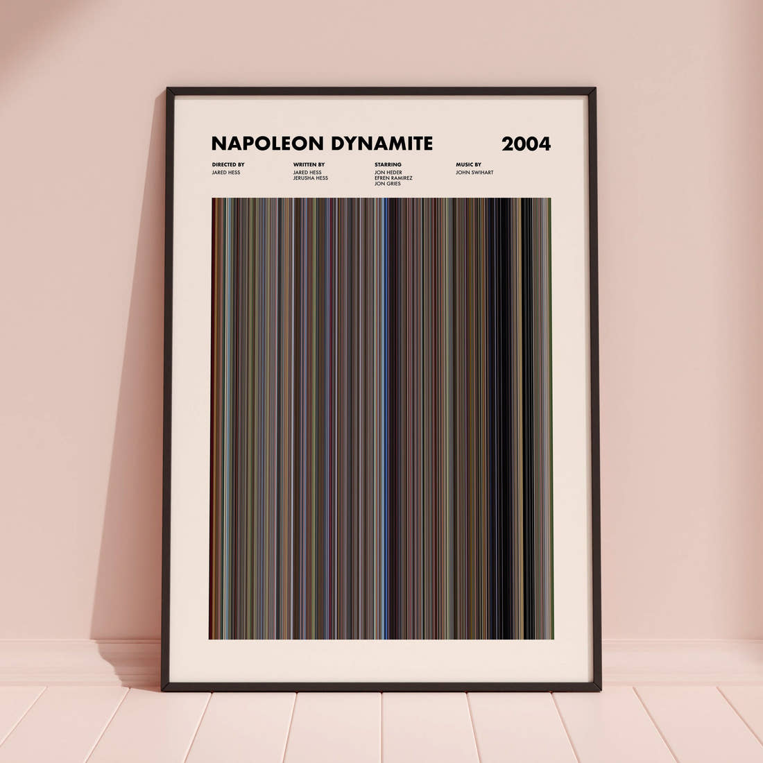 Napoleon Dynamite Movie Barcode Poster framed and leaning against a coloured wall