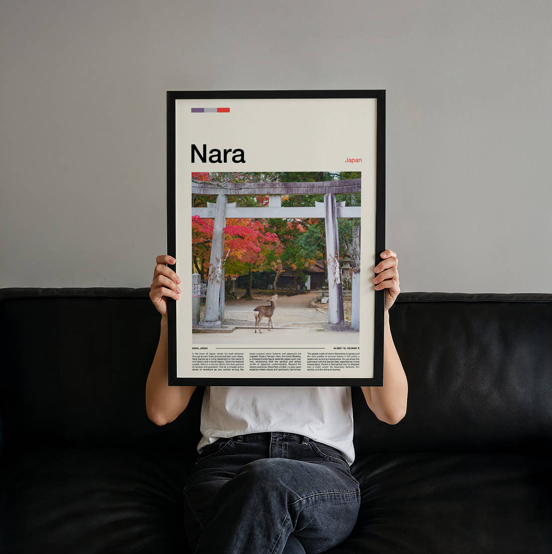 Nara Deer By Torii Gate Travel Print held up by hand to show the size of the print