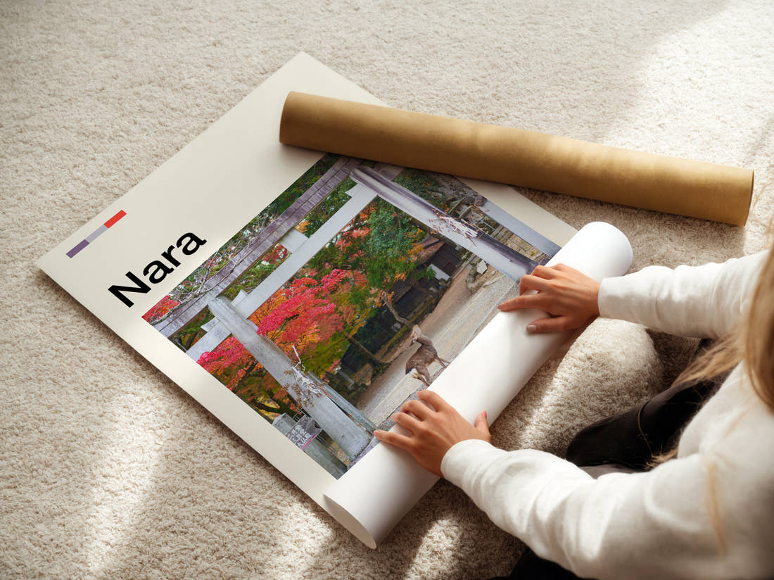 Nara Deer By Torii Gate Travel Print being unrolled from its postal tube