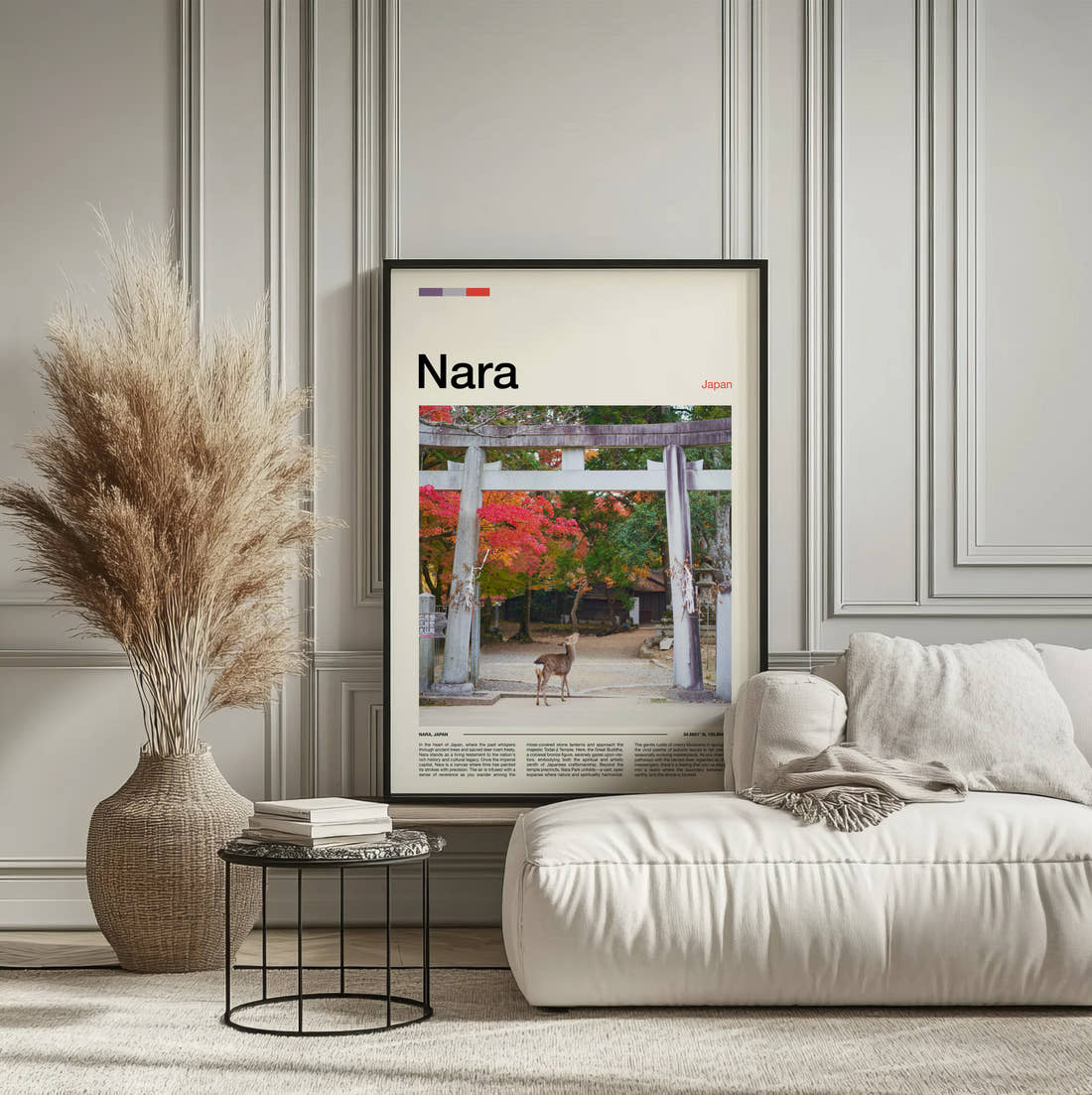 Nara Deer By Torii Gate Travel Print framed on the wall of a calm, neutral bedroom