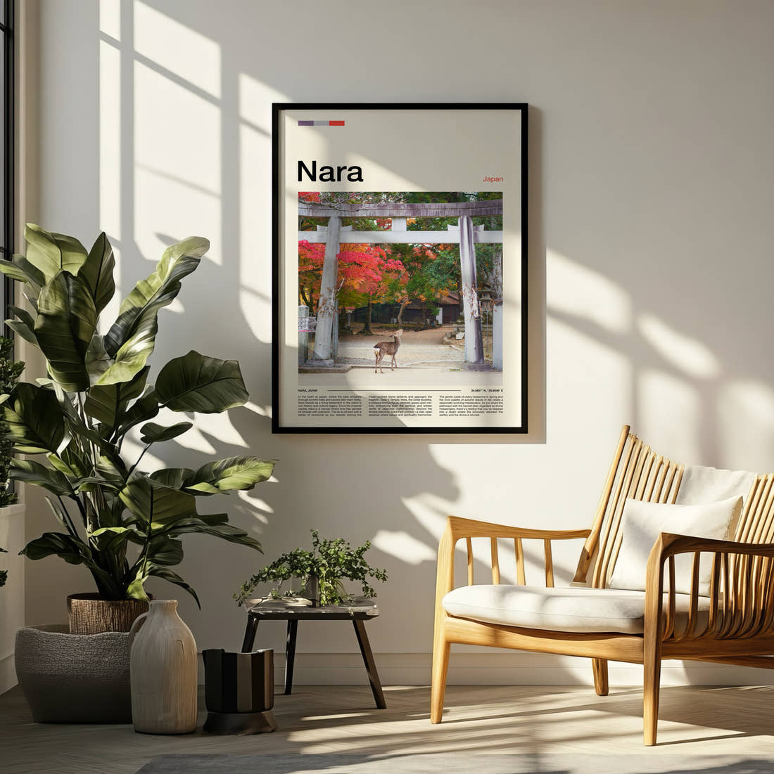 Nara Deer By Torii Gate Travel Print framed on a pale wall beside houseplants