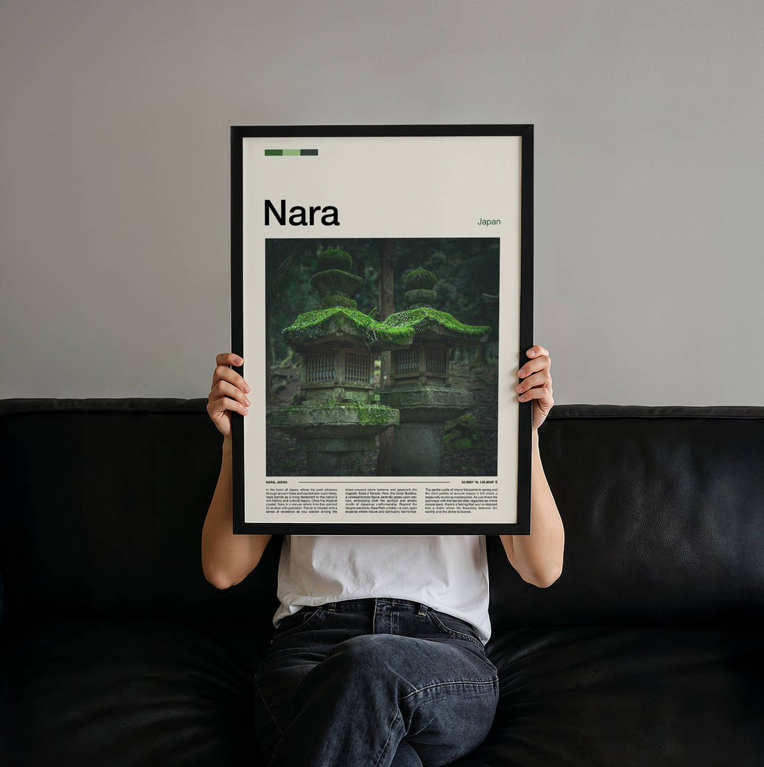 Nara Mossy Stone Lanterns Travel Print held up by hand to show the size of the print