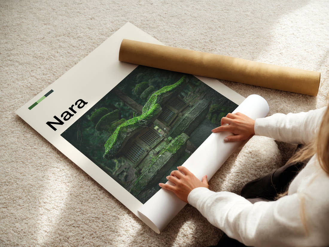 Nara Mossy Stone Lanterns Travel Print being unrolled from its postal tube