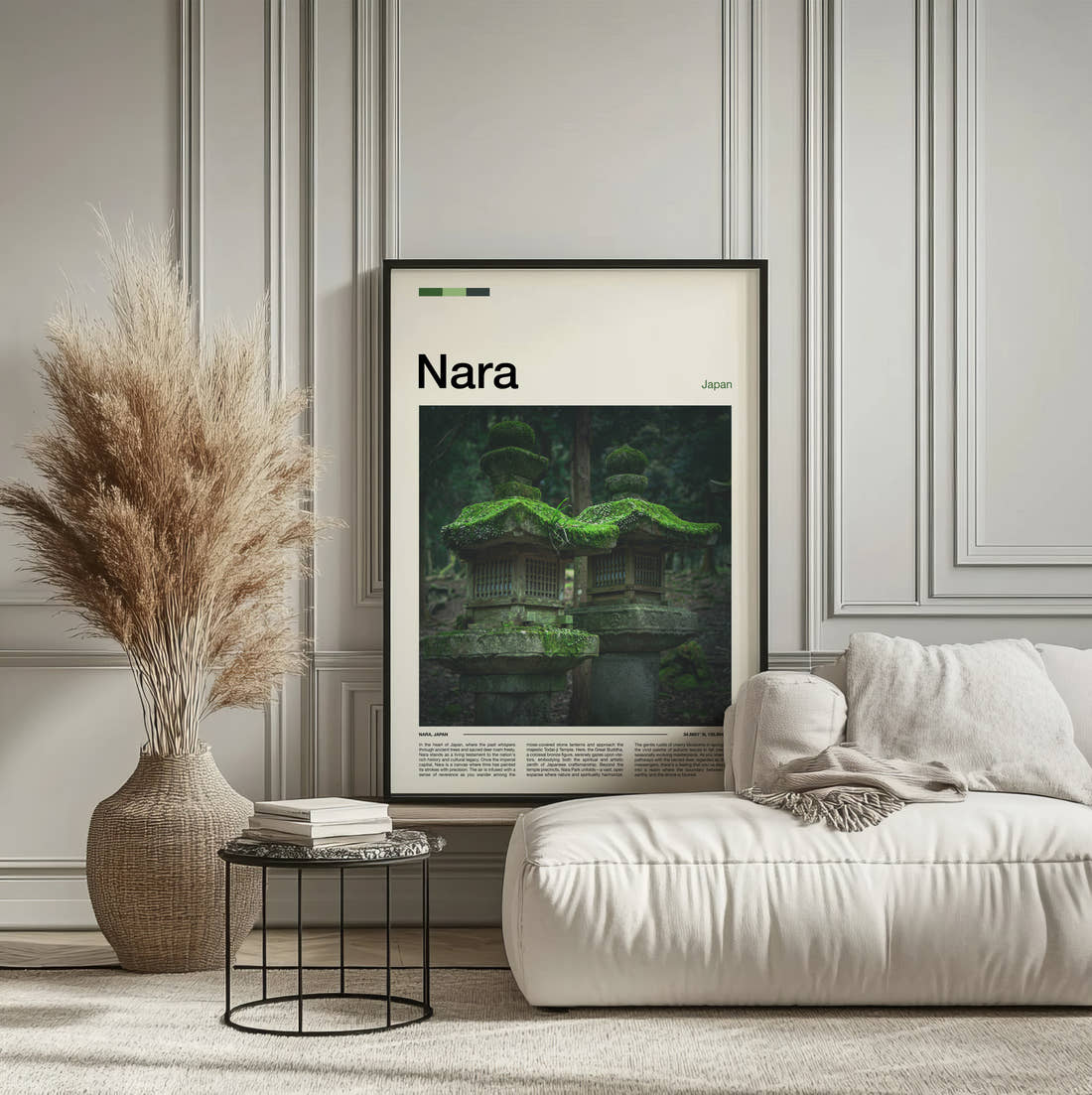 Nara Mossy Stone Lanterns Travel Print framed on the wall of a calm, neutral bedroom