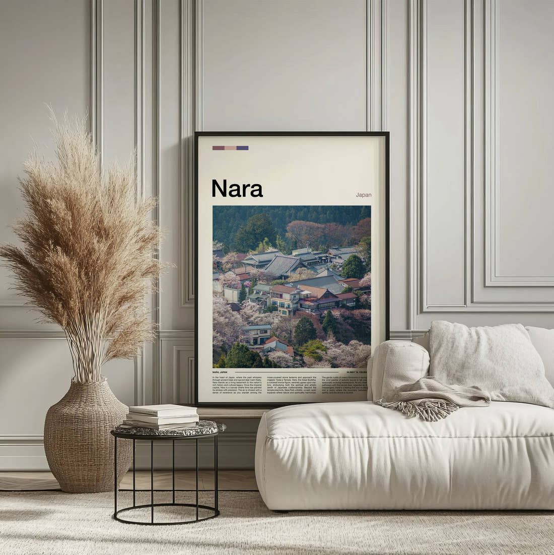 Nara Village Rooftops And Blossom Travel Print framed on the wall of a calm, neutral bedroom